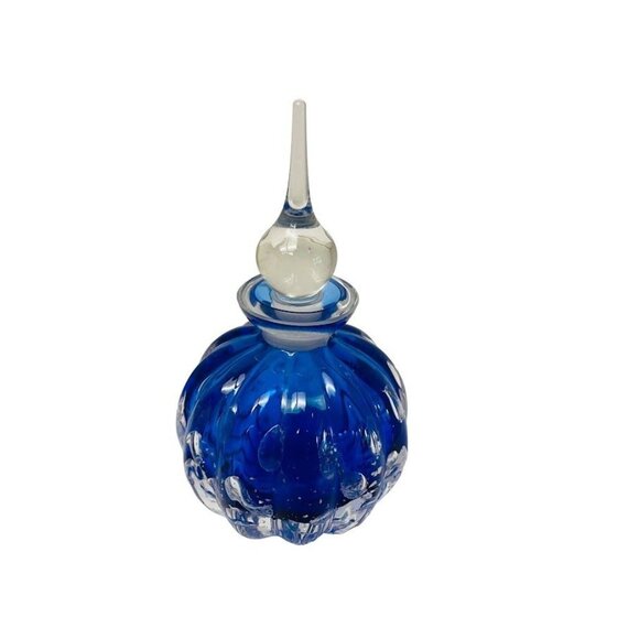 Perfume Bottle Crystal Clear Cobalt Blue Glass Fluted Perfume Bottle 5 1/2" - Picture 2 of 6